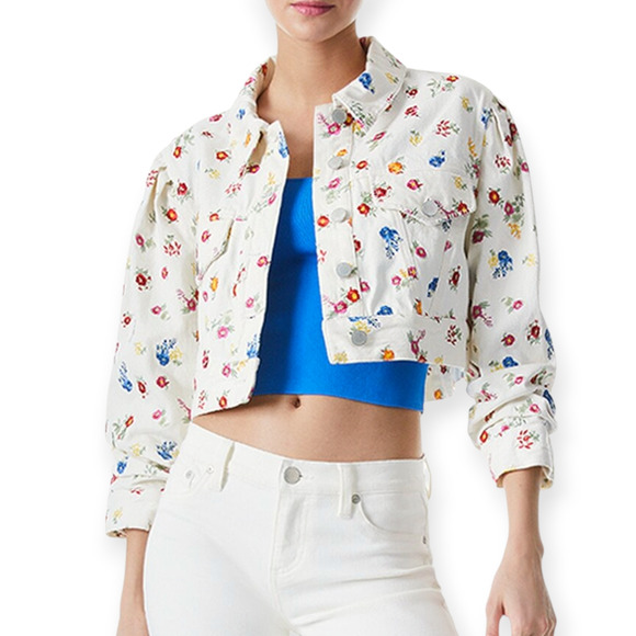 Alice + Olivia Jackets & Blazers - Alice‎ + Olivia Renee Floral Embroidered White Cropped Denim Jean Jacket Small